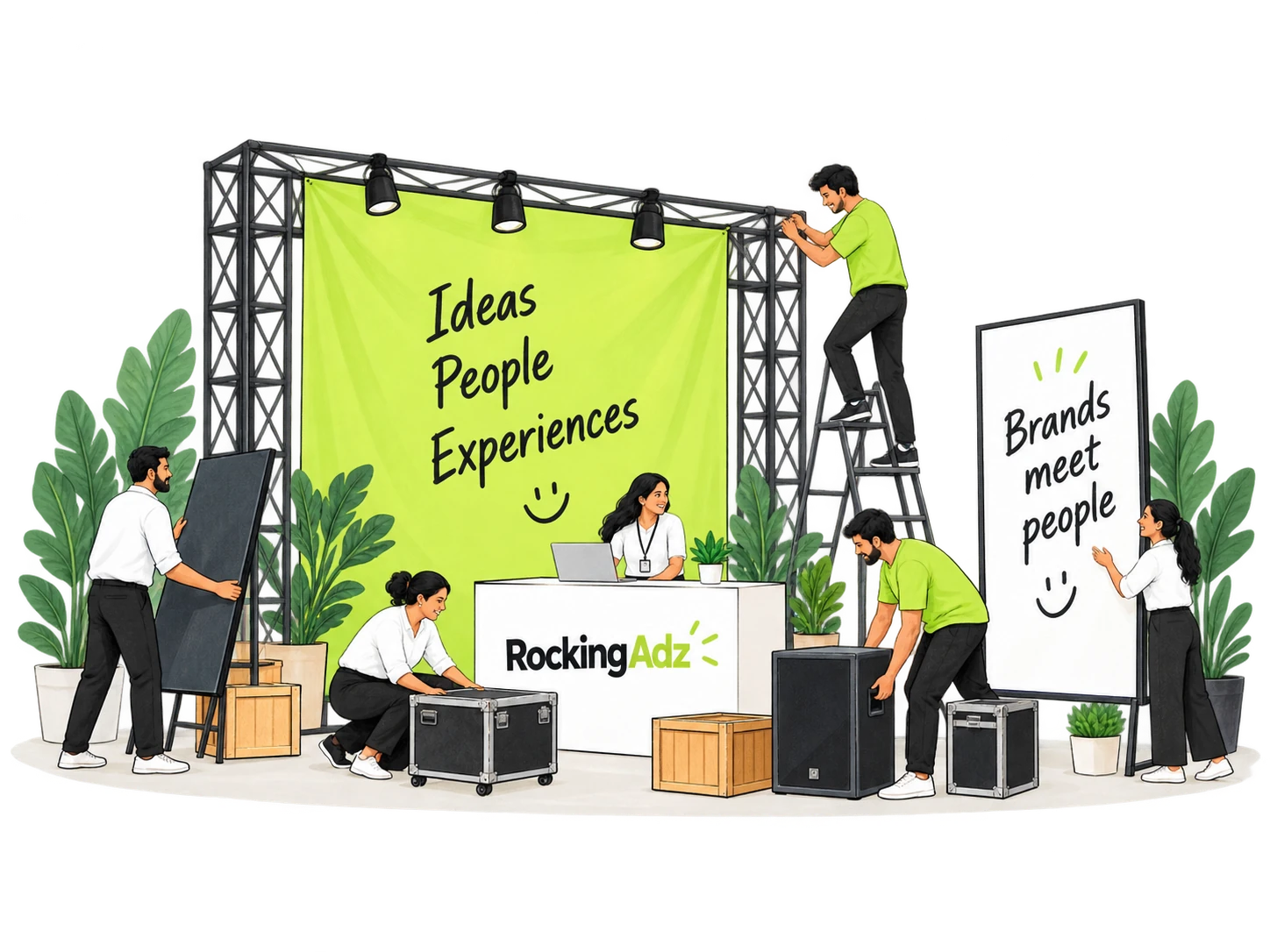 Illustration of an event team building a lime-green brand activation stage