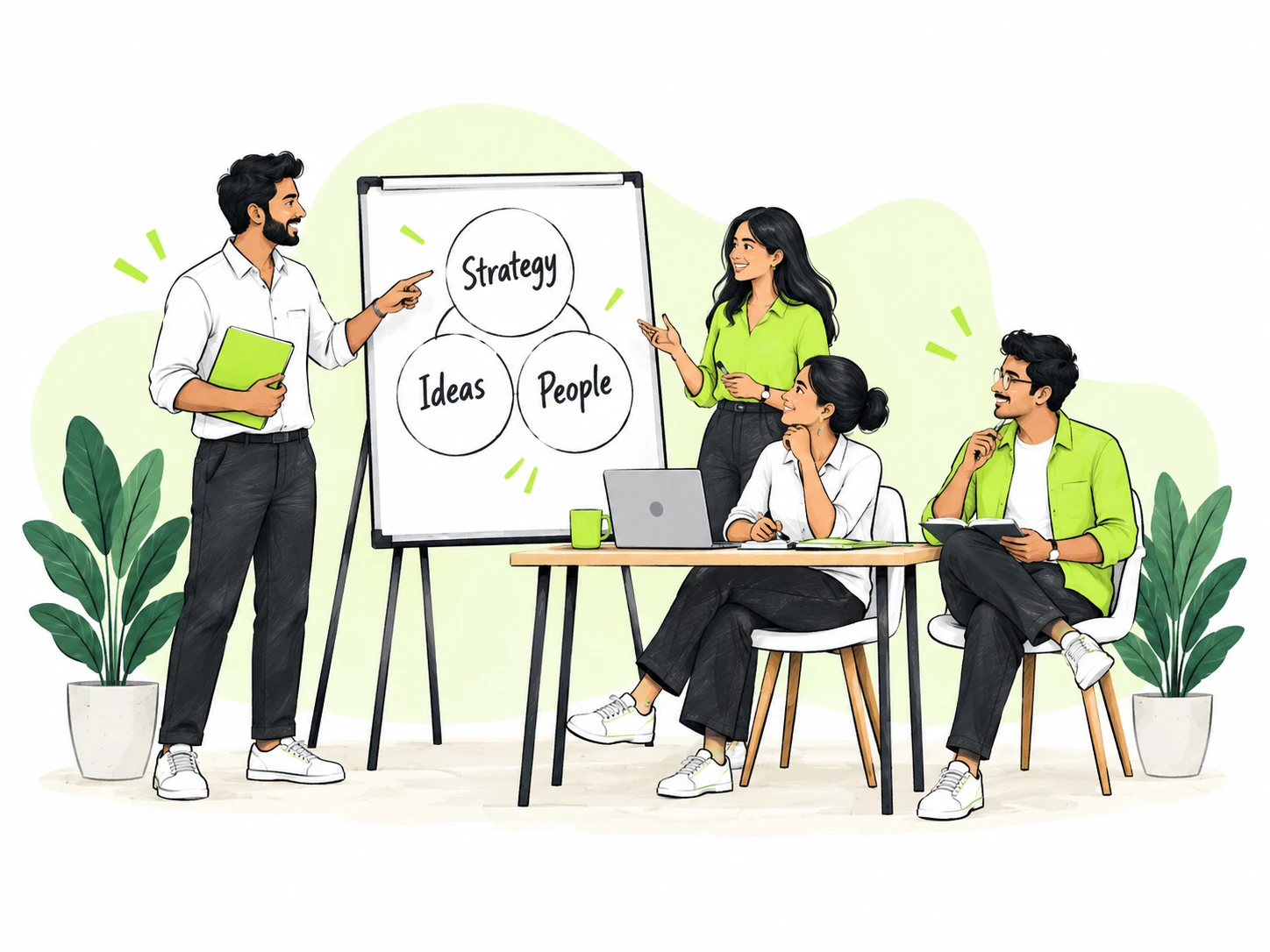 Illustration of creative planners discussing strategy, ideas and people
